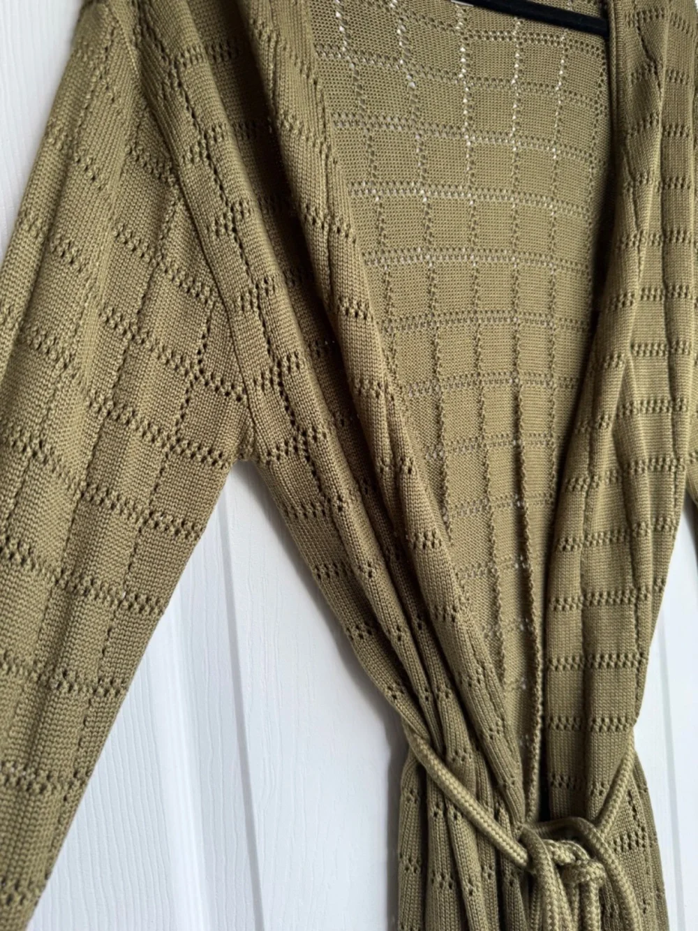 Future Collective Olive Green Pointelle Knit Belted Cardigan Sweater Size S